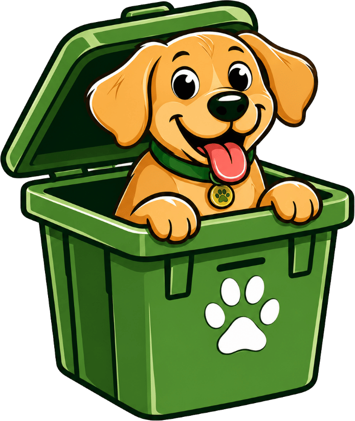 Bark Baggers golden retriever mascot in a green bin