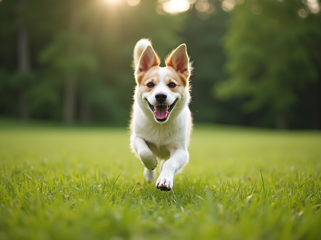 Happy dog running in a clean green backyard